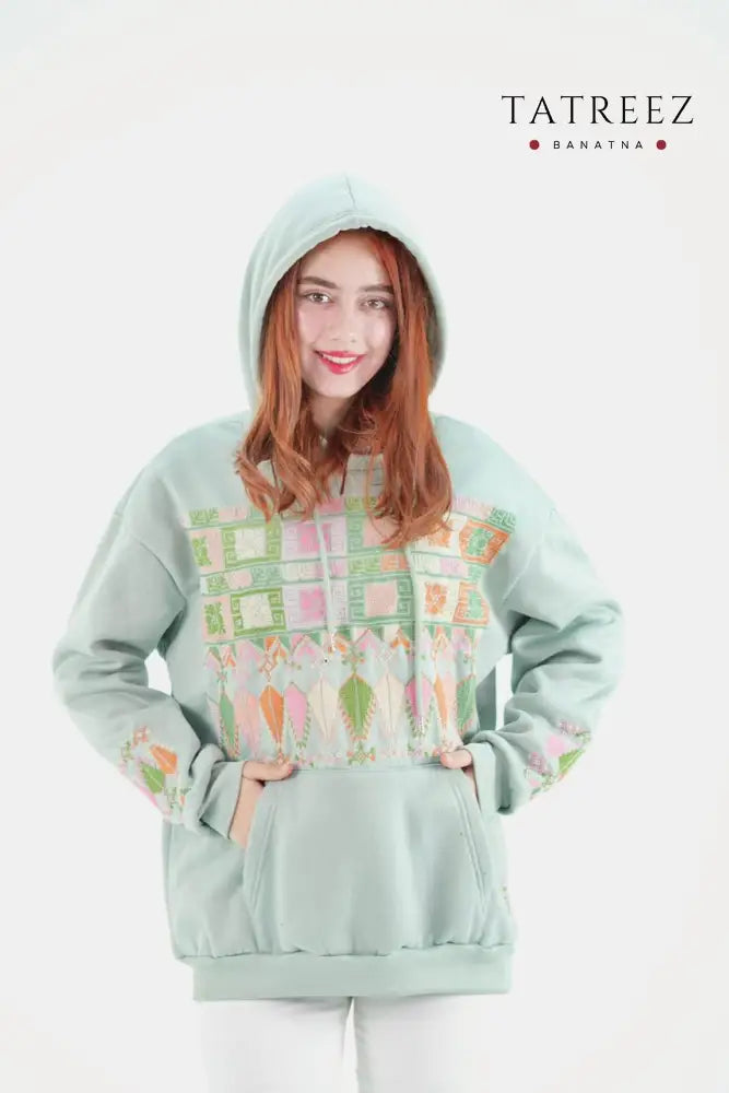 Fantasy Light Green Hoodie with Handmade Embroidery - Clothing & Wearables