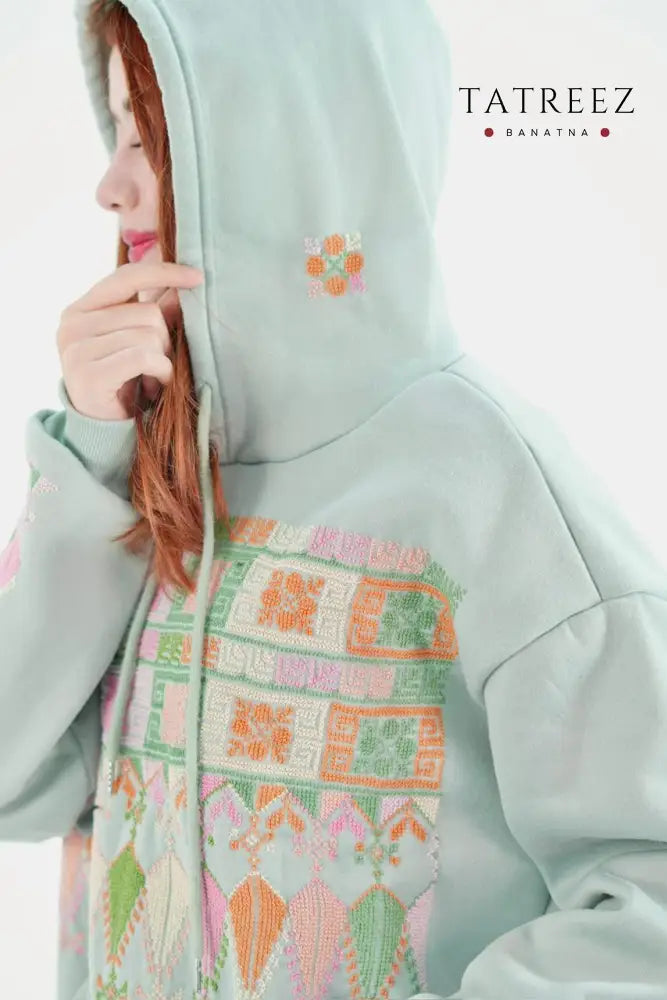 Fantasy Light Green Hoodie with Handmade Embroidery - Clothing & Wearables