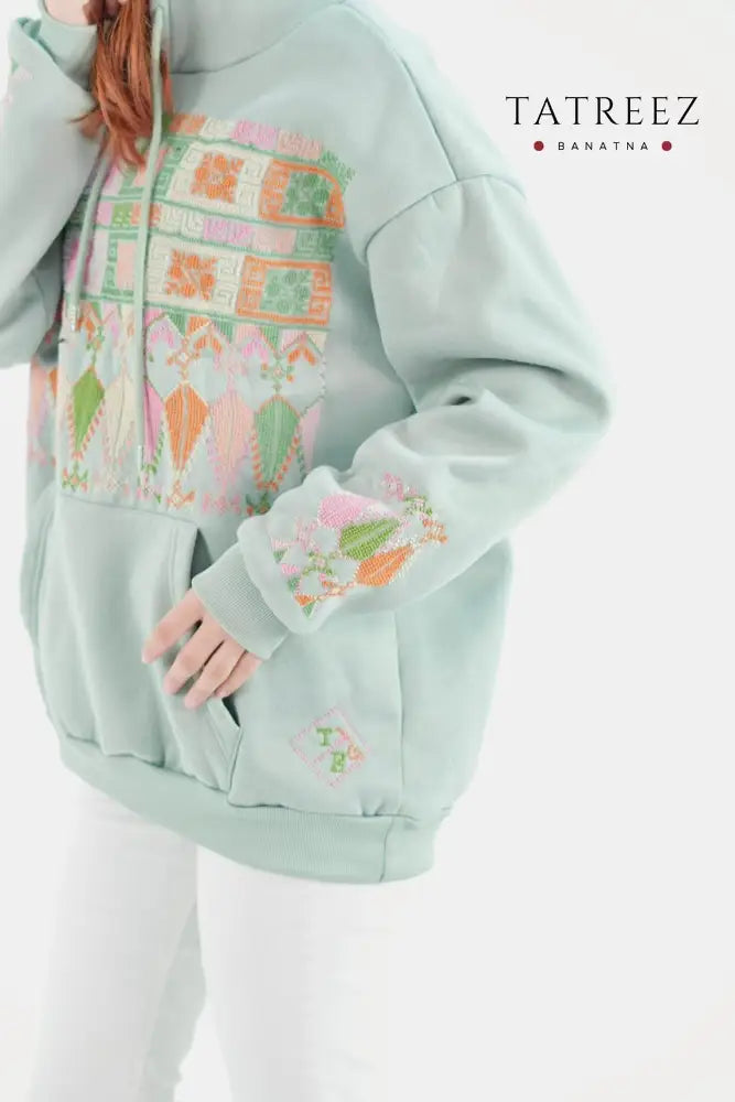 Fantasy Light Green Hoodie with Handmade Embroidery - Clothing & Wearables