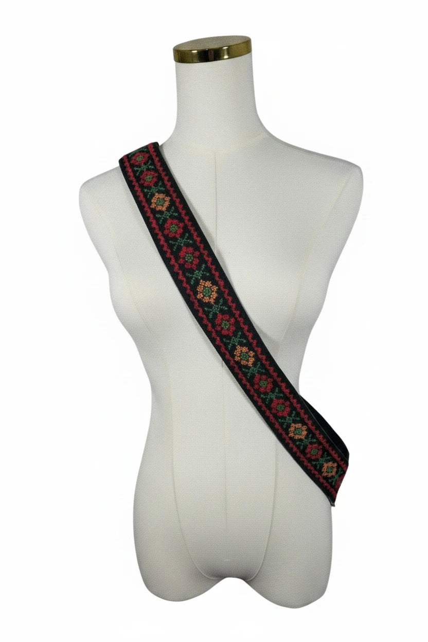 Floral Bag Strap – Black Red Green and Orange| Hand Made Tatreez Banatna Accessories