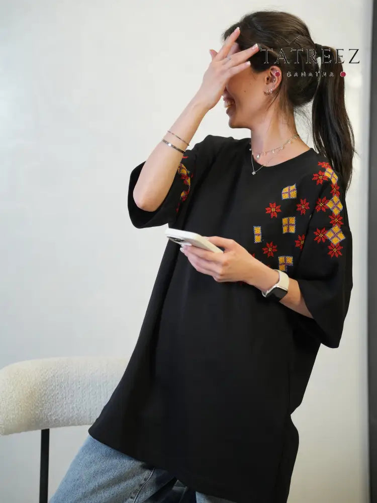Hand-Embroidered Floral T-Shirt | Palestinian Tatreez Design | تطريز يدوي M Clothing & Wearables