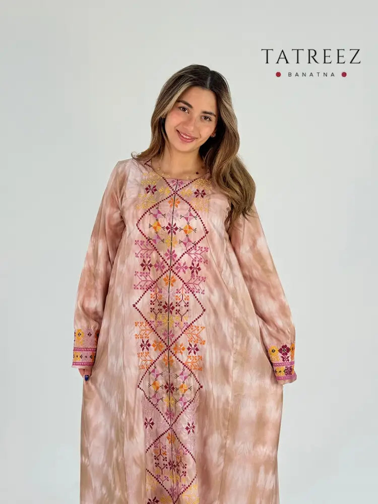Fulla Elegant Teftha Abaya Dress – Light Beige with Handcrafted Embroidery by Our Gaza Banat One size Clothing &