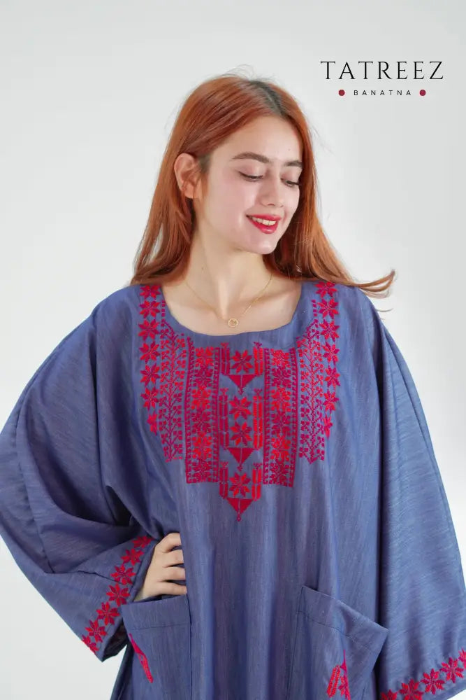 Garden Handmade Denim Abaya Dress with Floral Embroidery: Celebrate Tradition in Style One size Clothing & Wearables