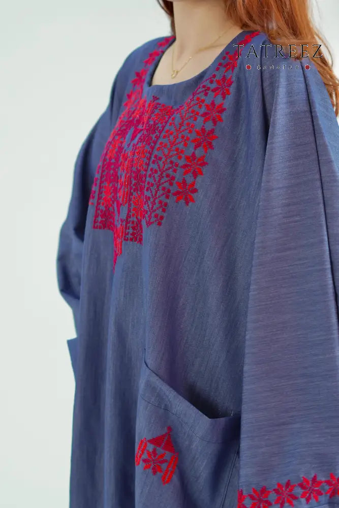 Garden Handmade Denim Abaya Dress with Floral Embroidery: Celebrate Tradition in Style One size Clothing & Wearables