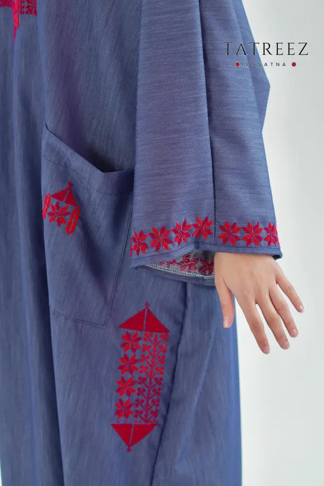 Garden Handmade Denim Abaya Dress with Floral Embroidery: Celebrate Tradition in Style One size Clothing & Wearables