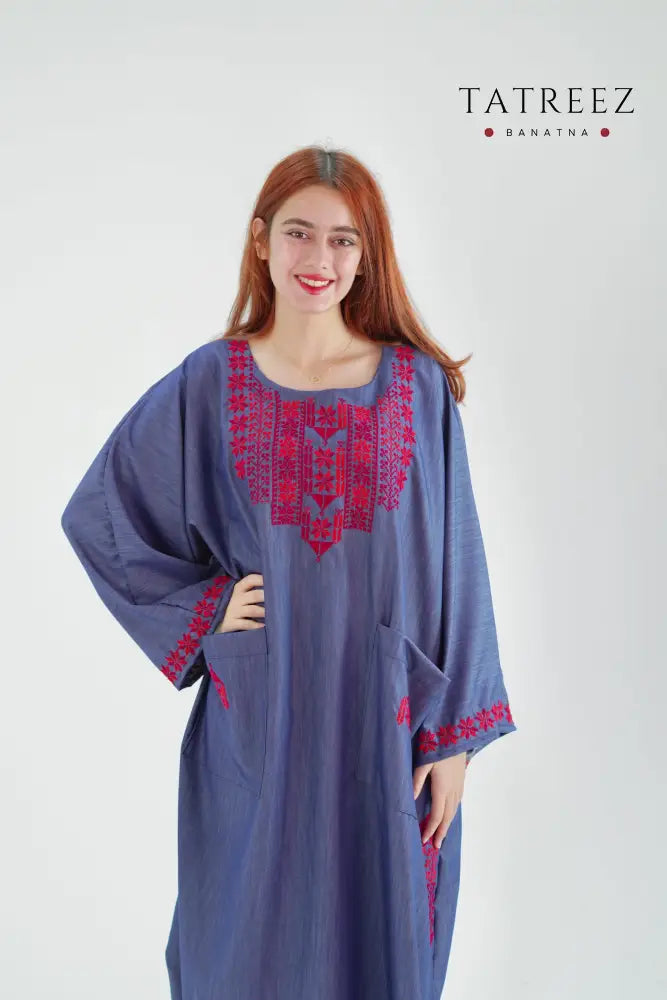Garden Handmade Denim Abaya Dress with Floral Embroidery: Celebrate Tradition in Style One size Clothing & Wearables