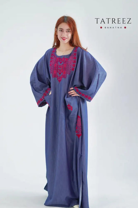 Garden Handmade Denim Abaya Dress with Floral Embroidery: Celebrate Tradition in Style One size Clothing & Wearables