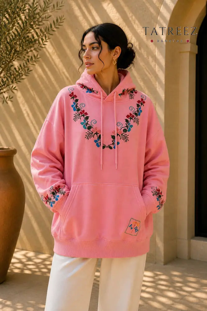 Garden Pink Hoodie – Hand-Embroidered Palestinian Tatreez - Clothing & Wearables