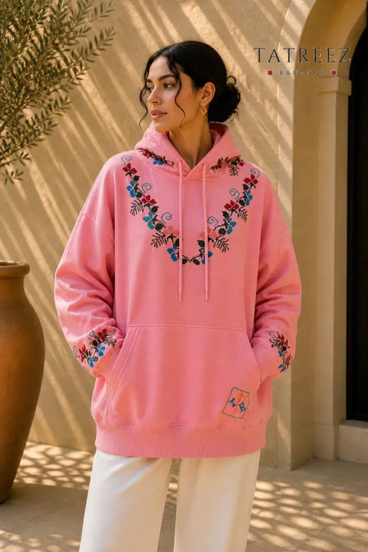 Garden Pink Hoodie – Hand-Embroidered Palestinian Tatreez - Clothing & Wearables