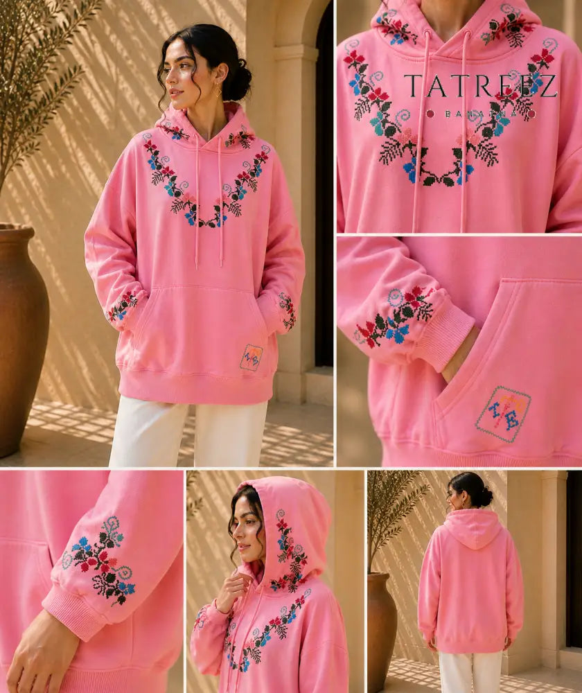 Garden Pink Hoodie – Hand-Embroidered Palestinian Tatreez - Clothing & Wearables