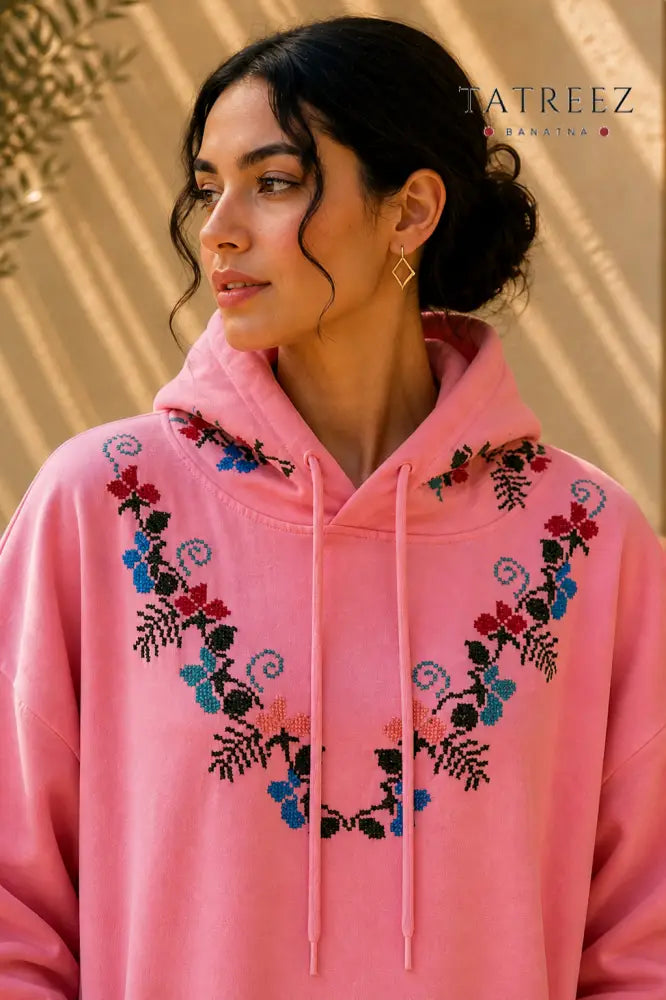 Garden Pink Hoodie – Hand-Embroidered Palestinian Tatreez - Clothing & Wearables
