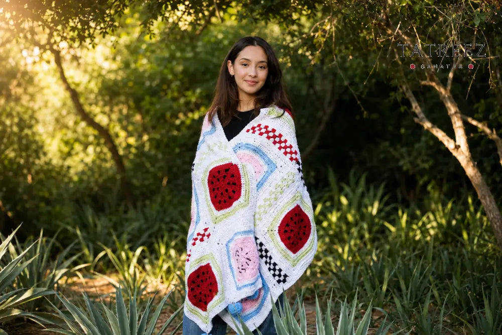 Grace Watermelon Shawl | Handmade Crochet | Light Blue Light Pink & Red Design - Clothing & Wearables