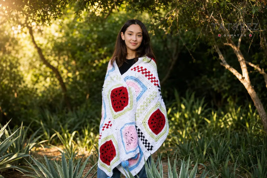 Grace Watermelon Shawl | Handmade Crochet | Light Blue Light Pink & Red Design - Clothing & Wearables