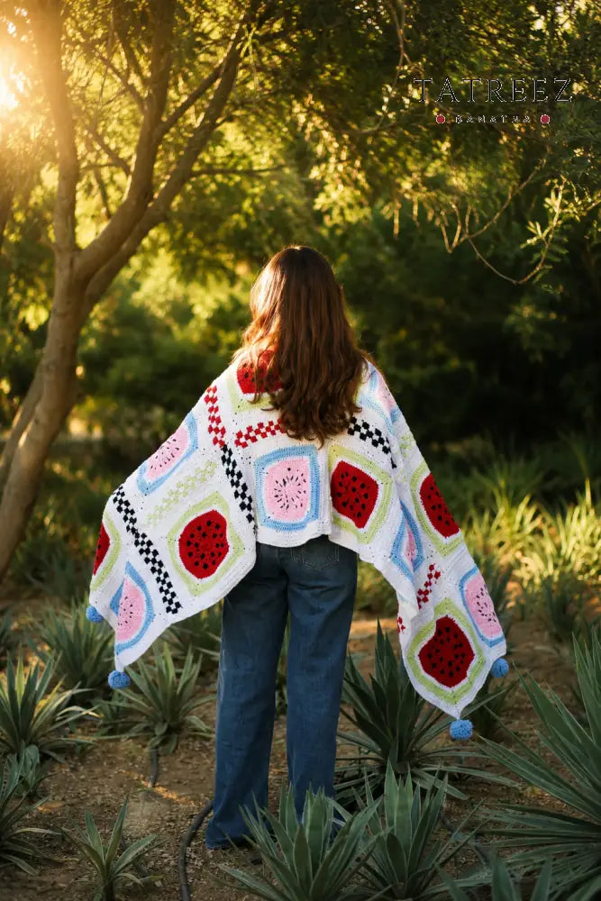 Grace Watermelon Shawl | Handmade Crochet | Light Blue Light Pink & Red Design - Clothing & Wearables