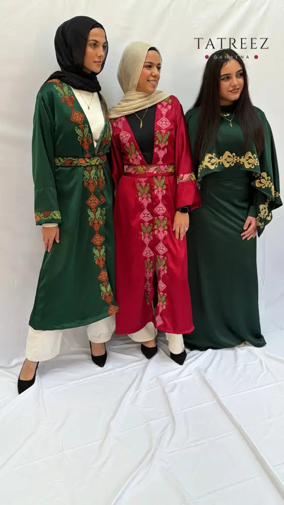 Handmade Green Abaya Robe with Embroidered Palestinian Motifs - Custom Sizes Available One size Clothing & Wearables