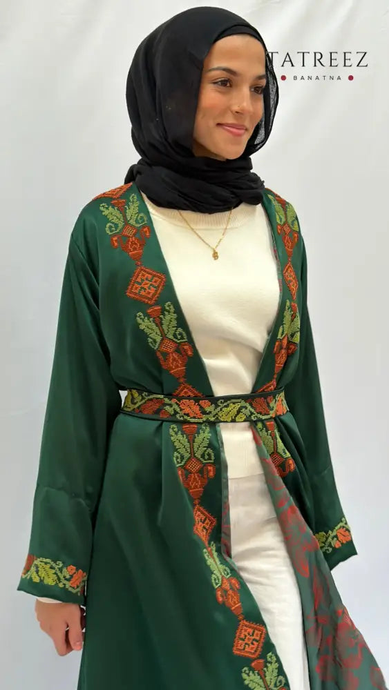 Handmade Green Abaya Robe with Embroidered Palestinian Motifs - Custom Sizes Available One size Clothing & Wearables