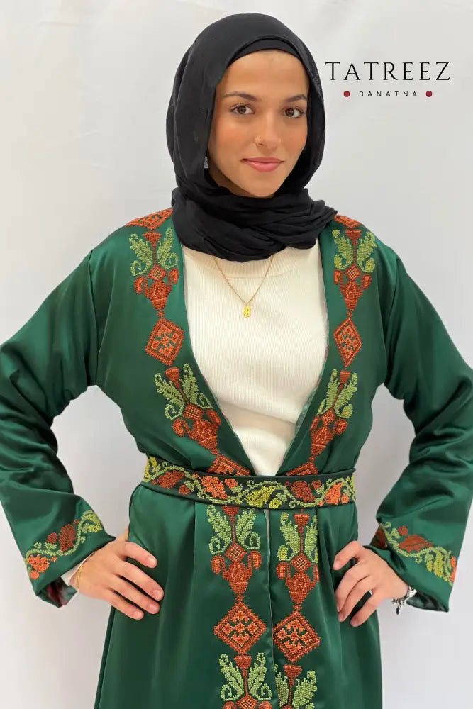Handmade Green Abaya Robe with Embroidered Palestinian Motifs - Custom Sizes Available One size Clothing & Wearables