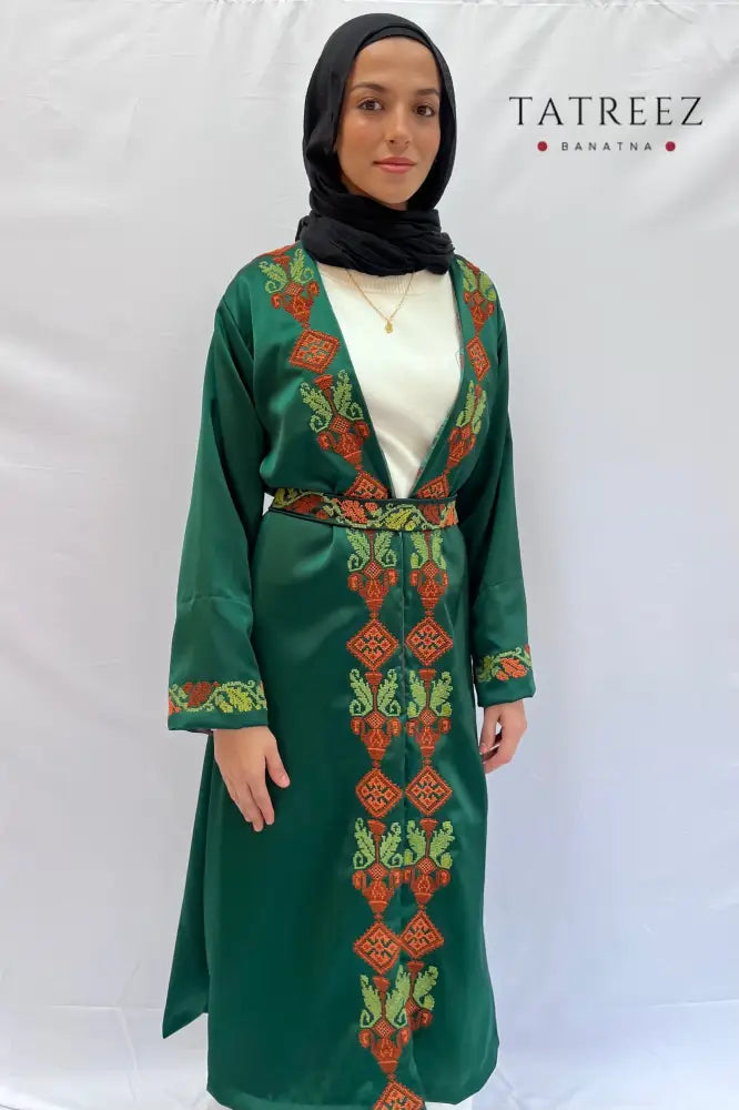 Handmade Green Abaya Robe with Embroidered Palestinian Motifs - Custom Sizes Available One size Clothing & Wearables
