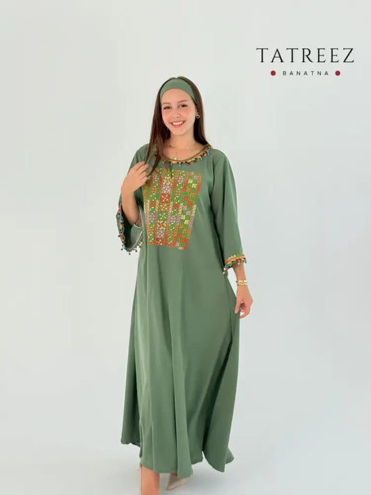 Handmade Green Crepe Georgette Dress with Middle Embroidery & Tassel Details One size Clothing & Wearables