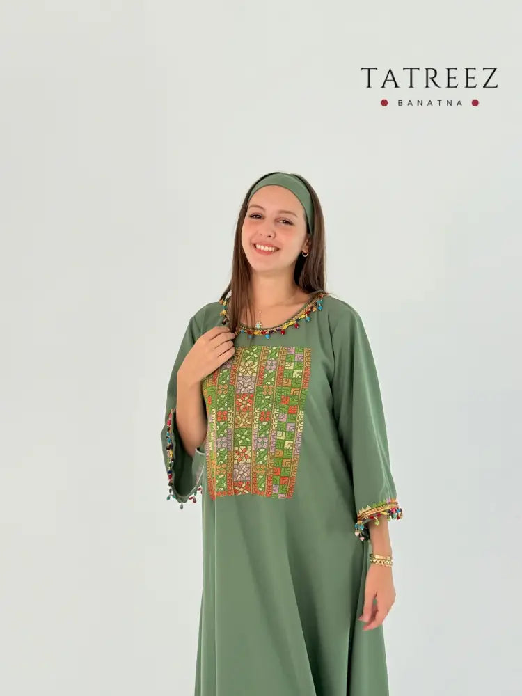 Handmade Green Crepe Georgette Dress with Middle Embroidery & Tassel Details One size Clothing & Wearables