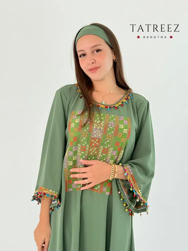 Handmade Green Crepe Georgette Dress with Middle Embroidery & Tassel Details One size Clothing & Wearables