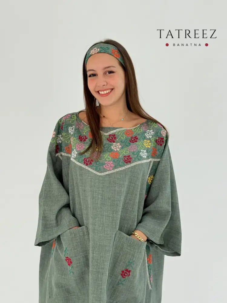 Green Linen Abaya Dress with Floral Tatreez & Matching Bandana Clothing & Wearables