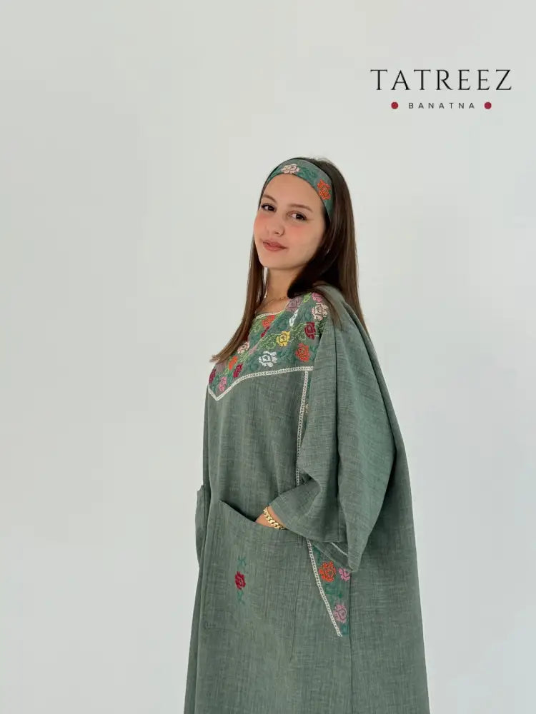 Green Linen Abaya Dress with Floral Tatreez & Matching Bandana Clothing & Wearables