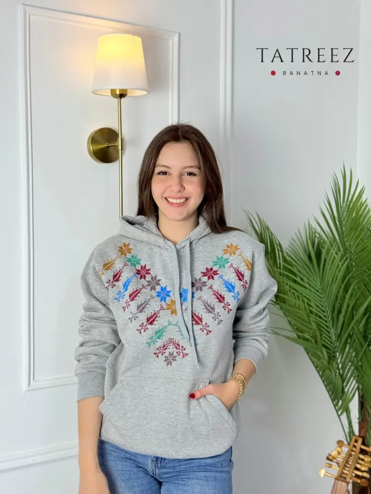 Grey Embroidered Hoodie with Kanaan Star | Tatreez Banatna Clothing & Wearables