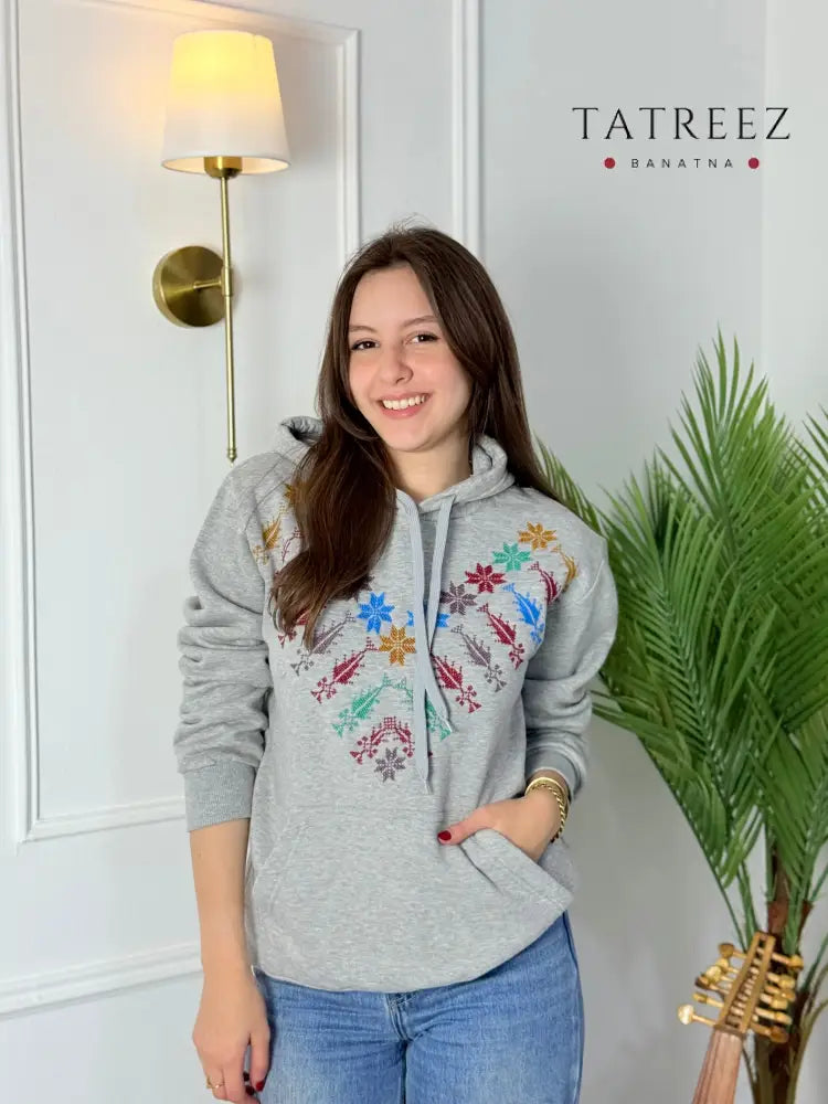 Grey Embroidered Hoodie with Kanaan Star | Tatreez Banatna Clothing & Wearables