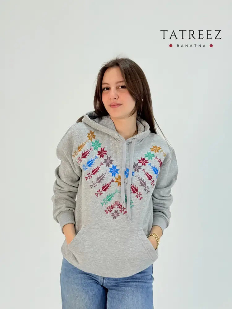 Grey Embroidered Hoodie with Kanaan Star | Tatreez Banatna Clothing & Wearables