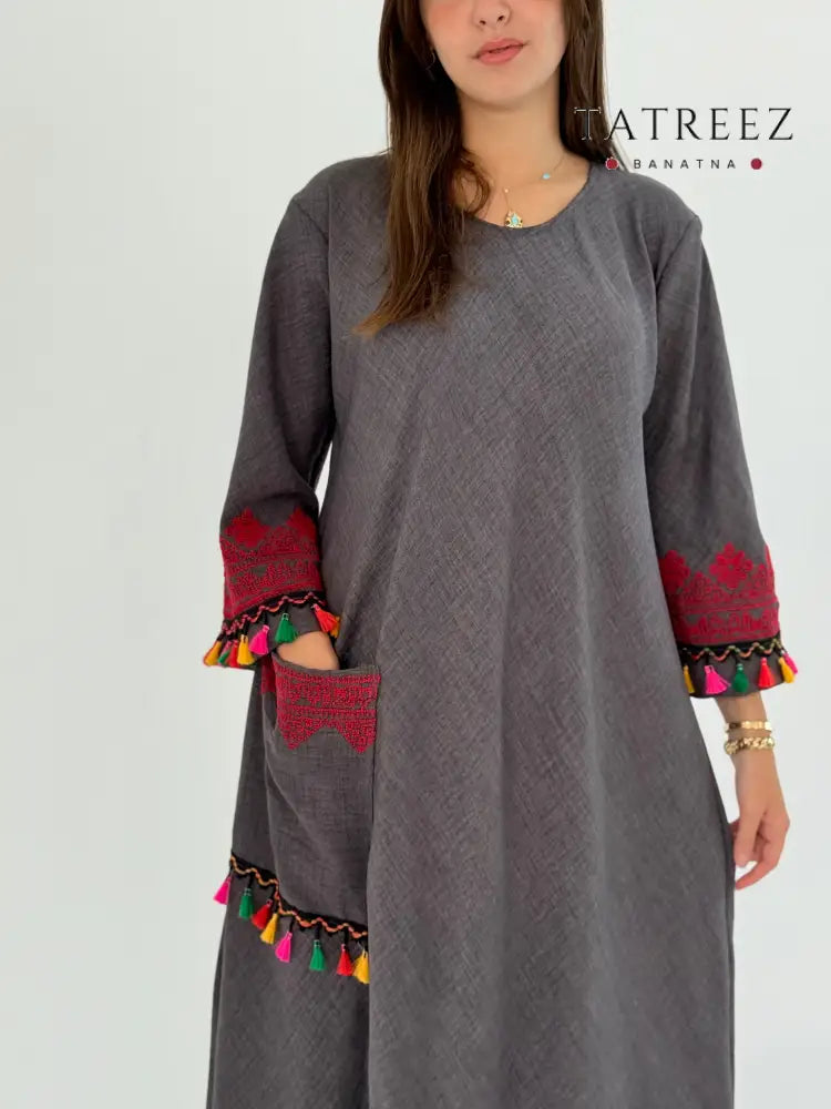 Handmade Grey Linen Dress with Red Embroidery & Sharasheeb One size Clothing & Wearables