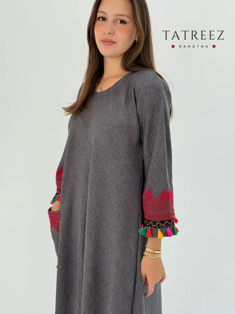 Handmade Grey Linen Dress with Red Embroidery & Sharasheeb One size Clothing & Wearables