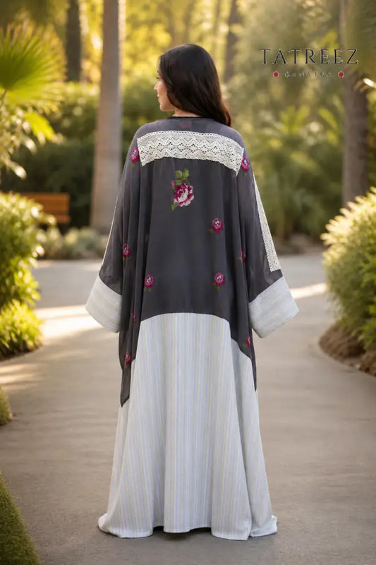 Hana Grey Tatreez Abaya/Bisht – Handmade Embroidery & Lace - Grey - Clothing & Wearables