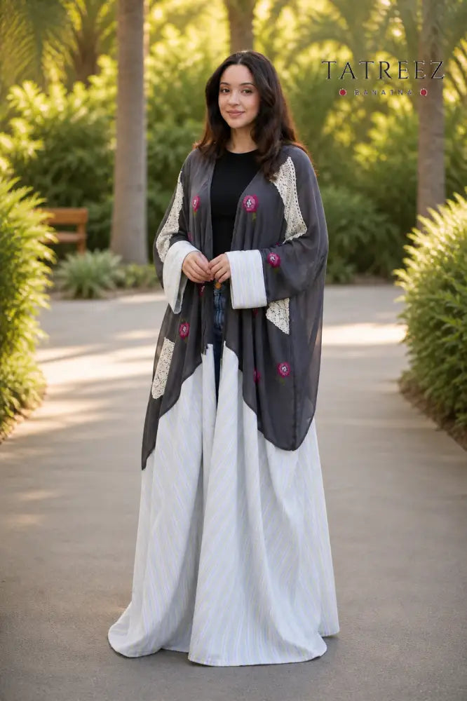Hana Grey Tatreez Abaya/Bisht – Handmade Embroidery & Lace - Grey - Clothing & Wearables