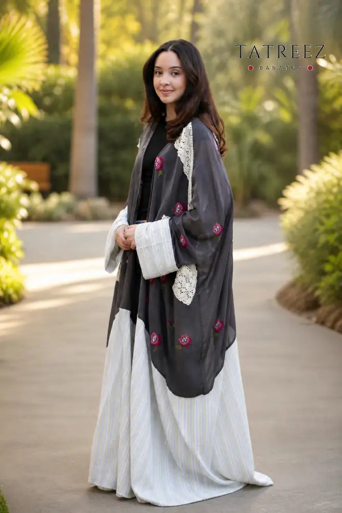 Hana Grey Tatreez Abaya/Bisht – Handmade Embroidery & Lace - Grey - Clothing & Wearables