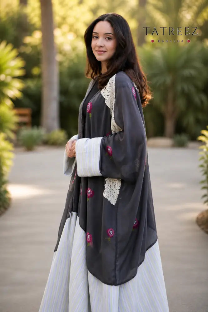Hana Grey Tatreez Abaya/Bisht – Handmade Embroidery & Lace - Grey - Clothing & Wearables