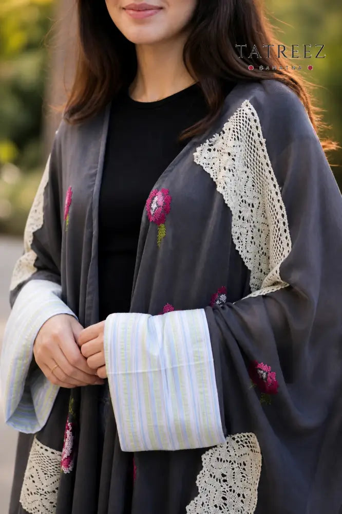 Hana Grey Tatreez Abaya/Bisht – Handmade Embroidery & Lace - Grey - Clothing & Wearables