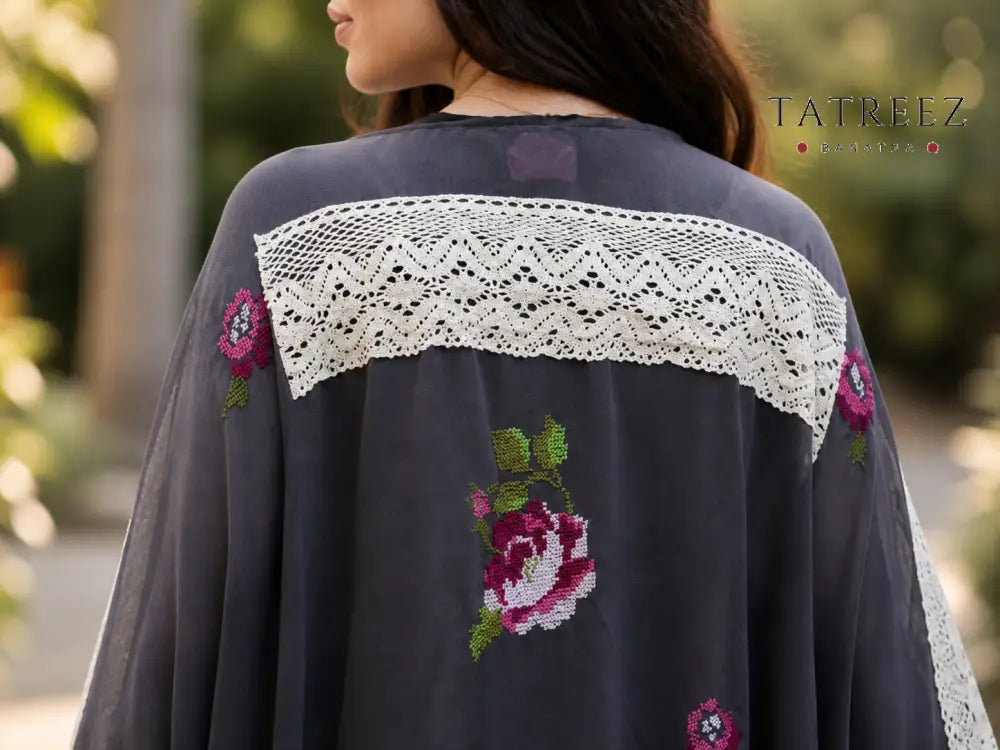 Hana Grey Tatreez Abaya/Bisht – Handmade Embroidery & Lace - Grey - Clothing & Wearables