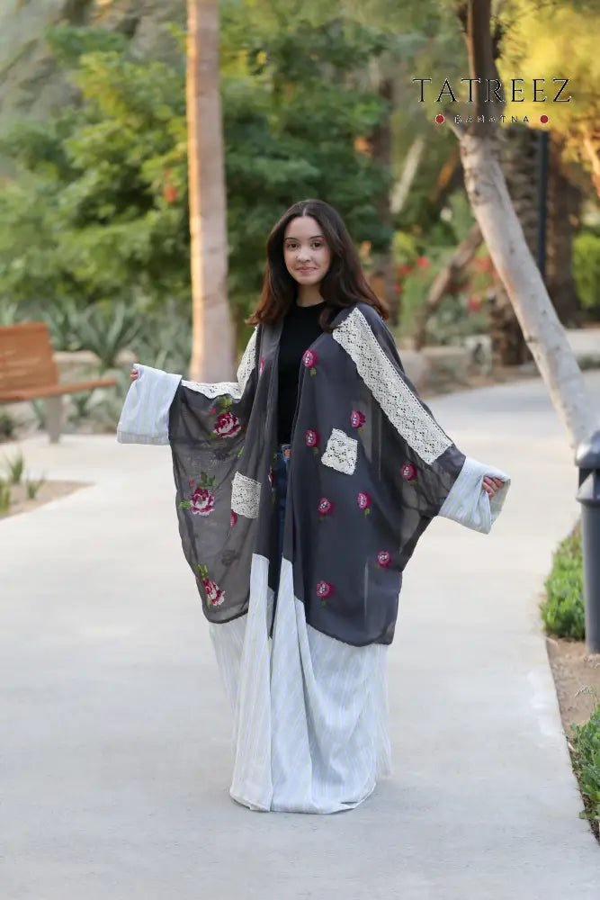 Hana - Happiness-Handmade Grey Tatreez Abaya/Bisht – Elegant Embroidery & Lace Grey Clothing & Wearables