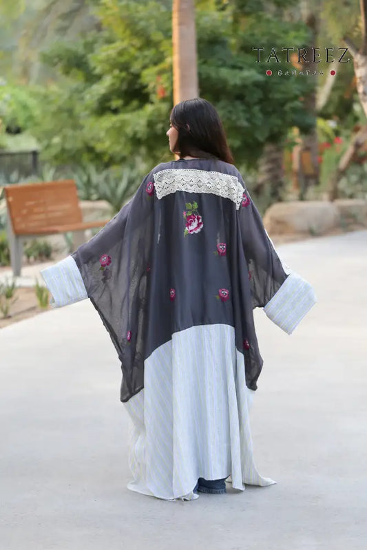 Hana - Happiness-Handmade Grey Tatreez Abaya/Bisht – Elegant Embroidery & Lace Grey Clothing & Wearables
