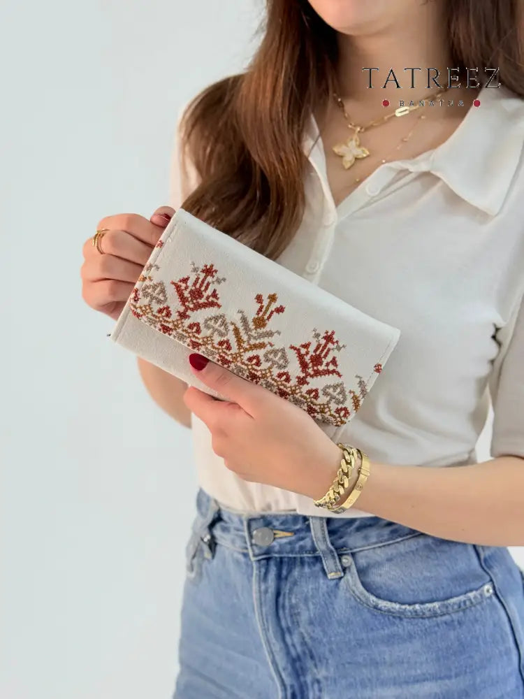 Hand-Embroidered Suede Wallet/Clutch with Traditional Palestinian Tatreez | Tatreez Banatna Accessories