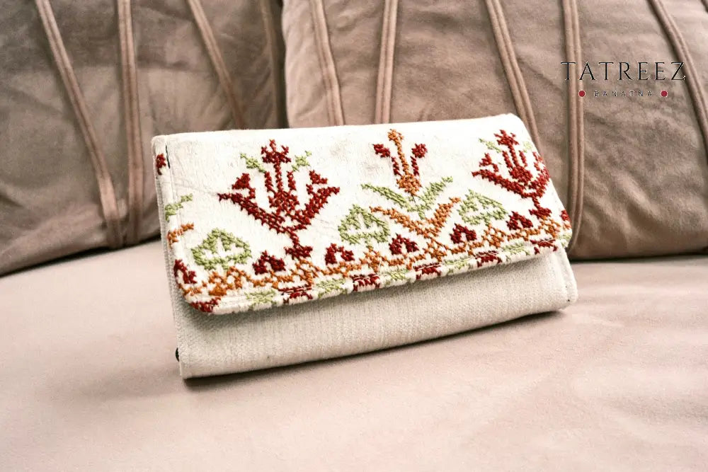 Hand-Embroidered Suede Wallet/Clutch with Traditional Palestinian Tatreez | Tatreez Banatna Accessories
