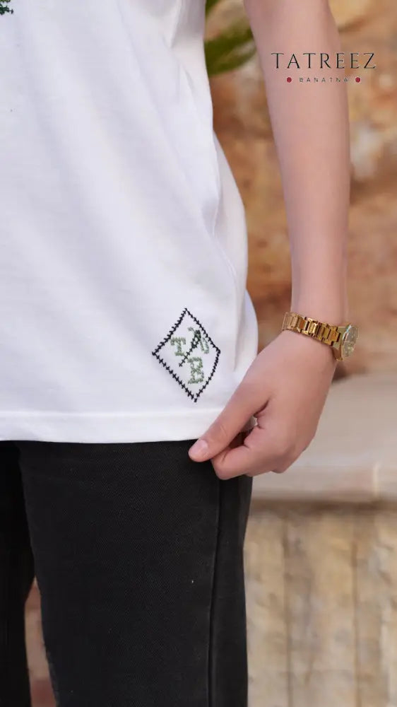 Handhalla Hand Embroidered Olive Leaf Family T-Shirt - Clothing & Wearables