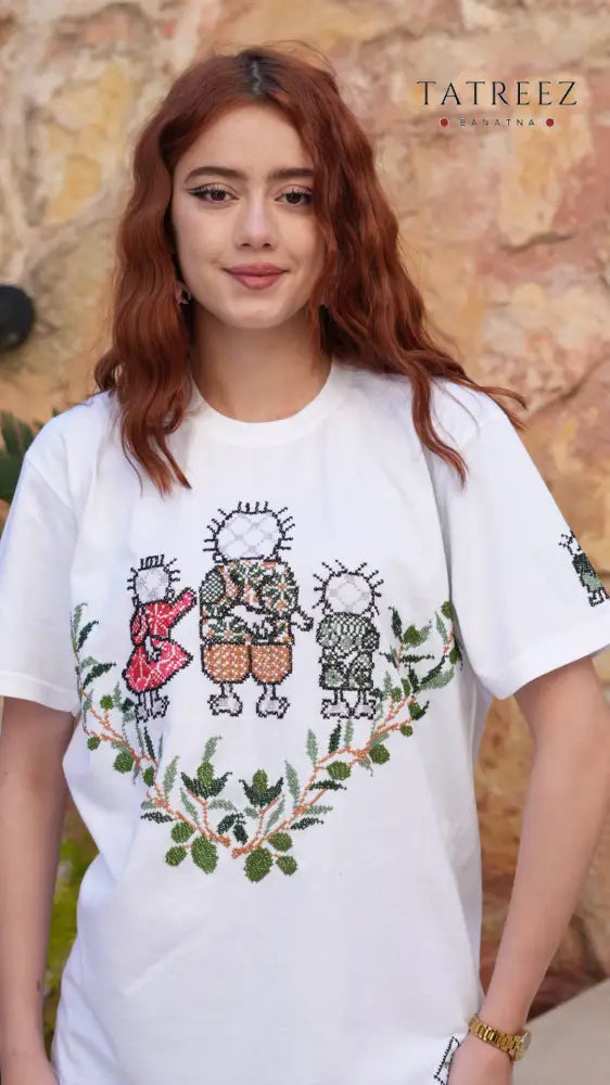 Handhalla Hand Embroidered Olive Leaf Family T-Shirt - Clothing & Wearables