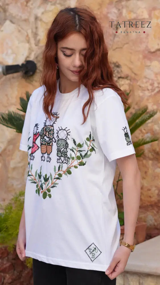 Handhalla Hand Embroidered Olive Leaf Family T-Shirt - Clothing & Wearables