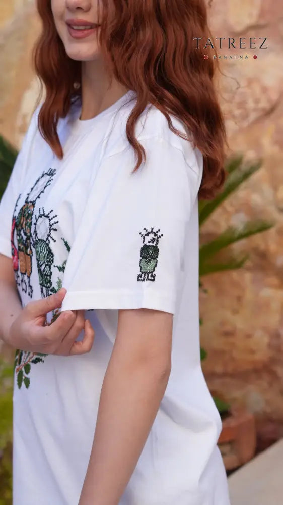 Handhalla Hand Embroidered Olive Leaf Family T-Shirt - Clothing & Wearables