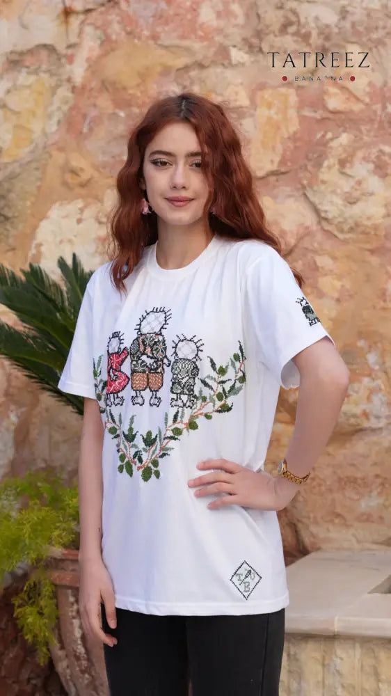 Handhalla Hand Embroidered Olive Leaf Family T-Shirt - Clothing & Wearables