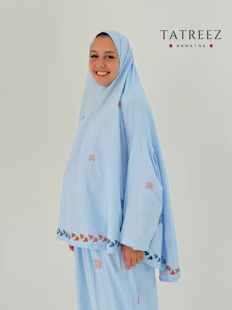Handmade Baby Blue Prayer Set with Embroidery and Sleeves | Two-Piece Khimar & Skirt Clothing & Wearables