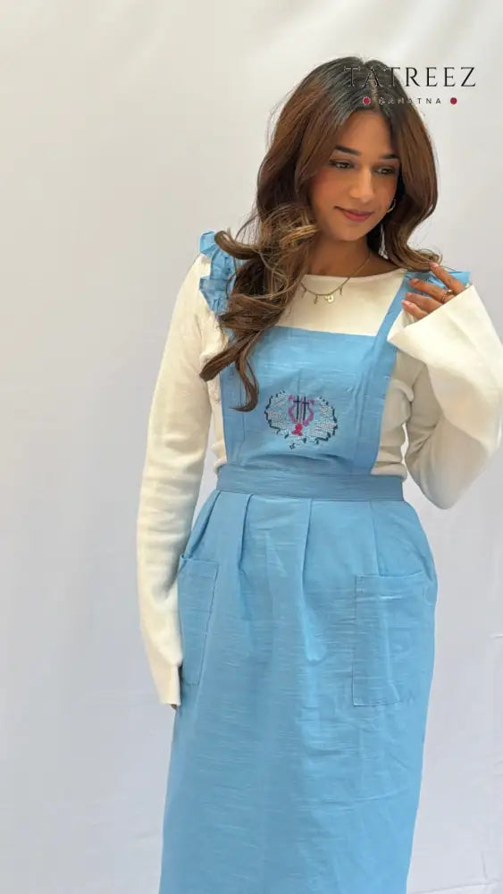 Handmade Blue Aprons with Geometric Tatreez Motif Clothing & Wearables