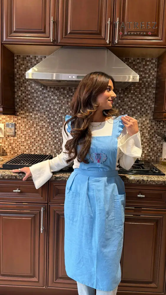 Handmade Blue Aprons with Geometric Tatreez Motif Clothing & Wearables